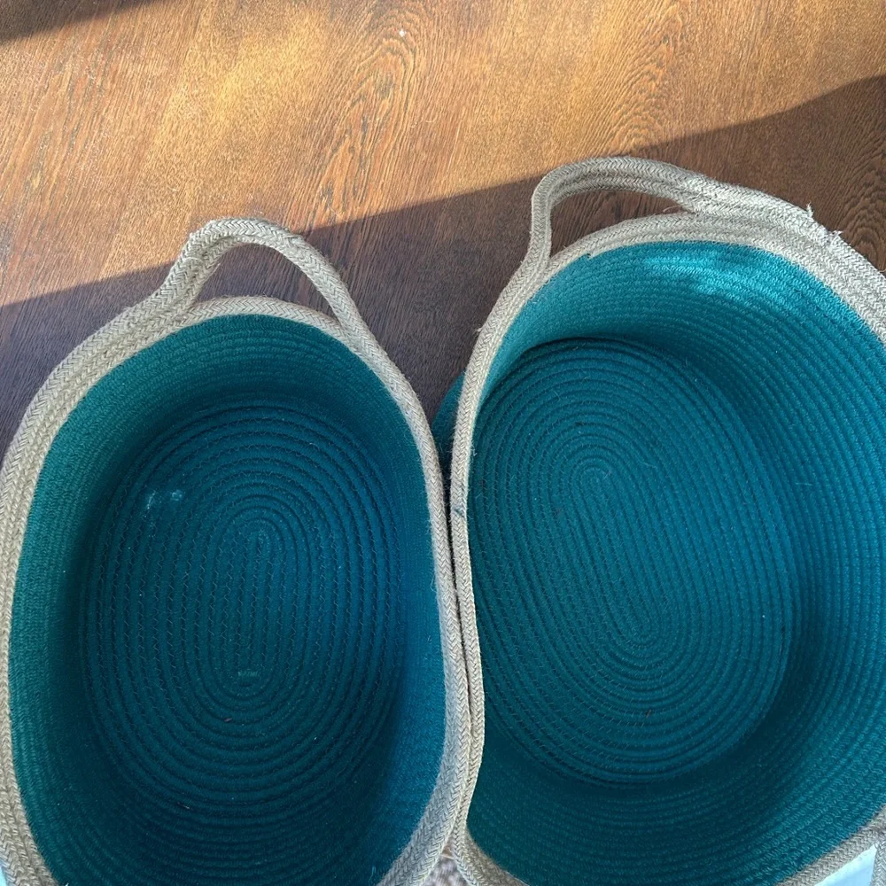 Green & Tan Woven Baskets, set of 2, soft, pliable, but sturdy! Nested together.
